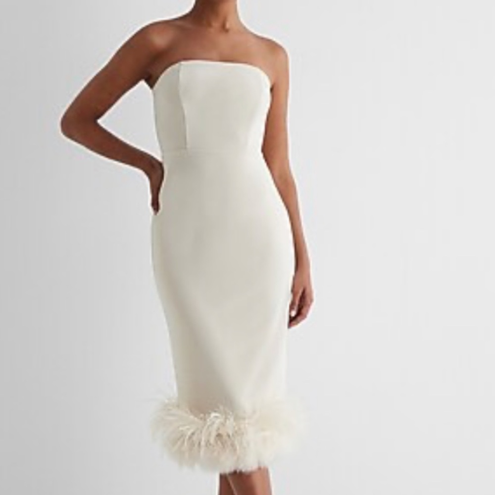 Xs Express STRAPLESS FEATHER HEM MIDI SHEATH DRESS